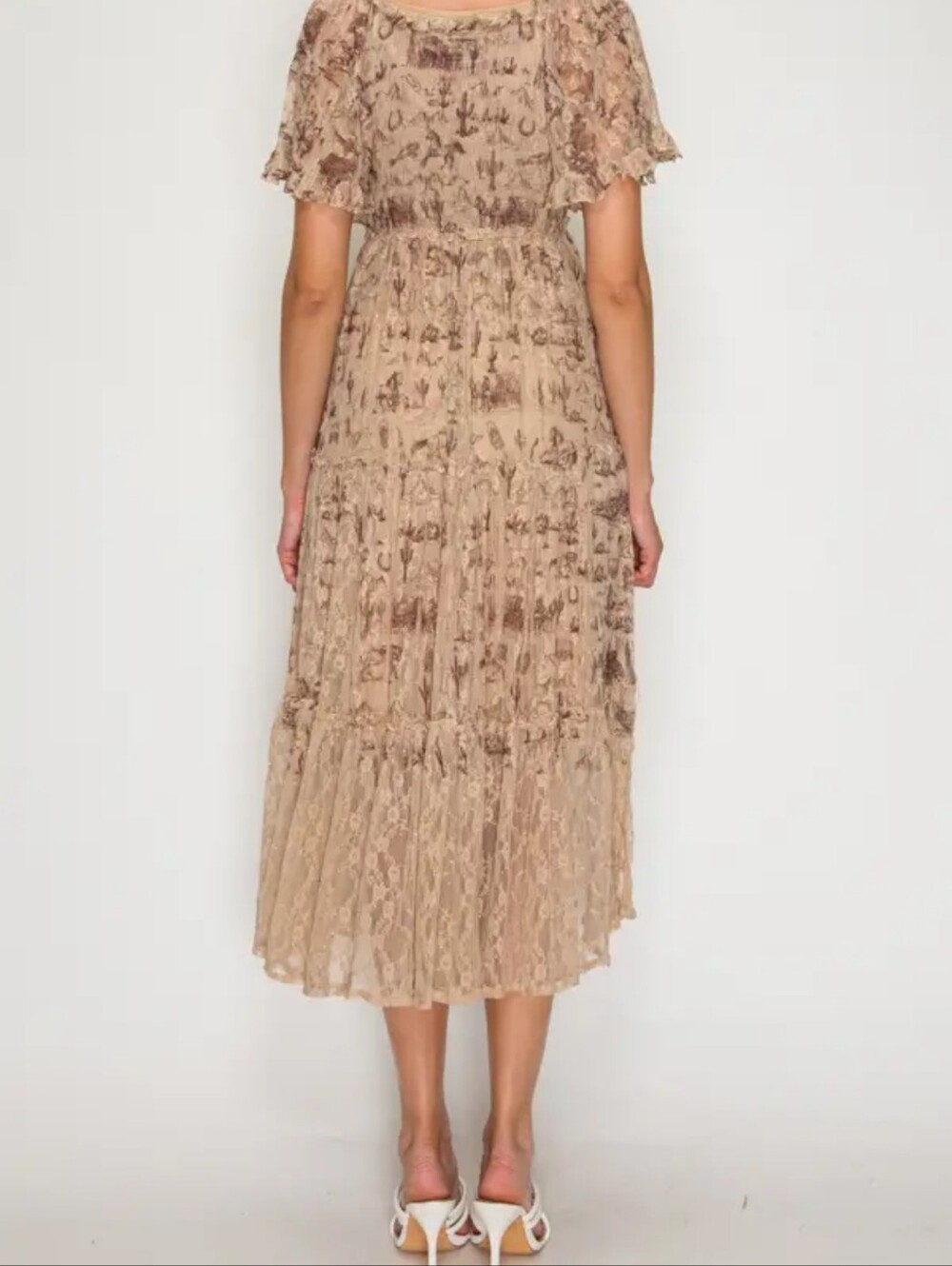 🐼#1706 Origami Shimmer Lace Flutter Sleeve Dress - Old West